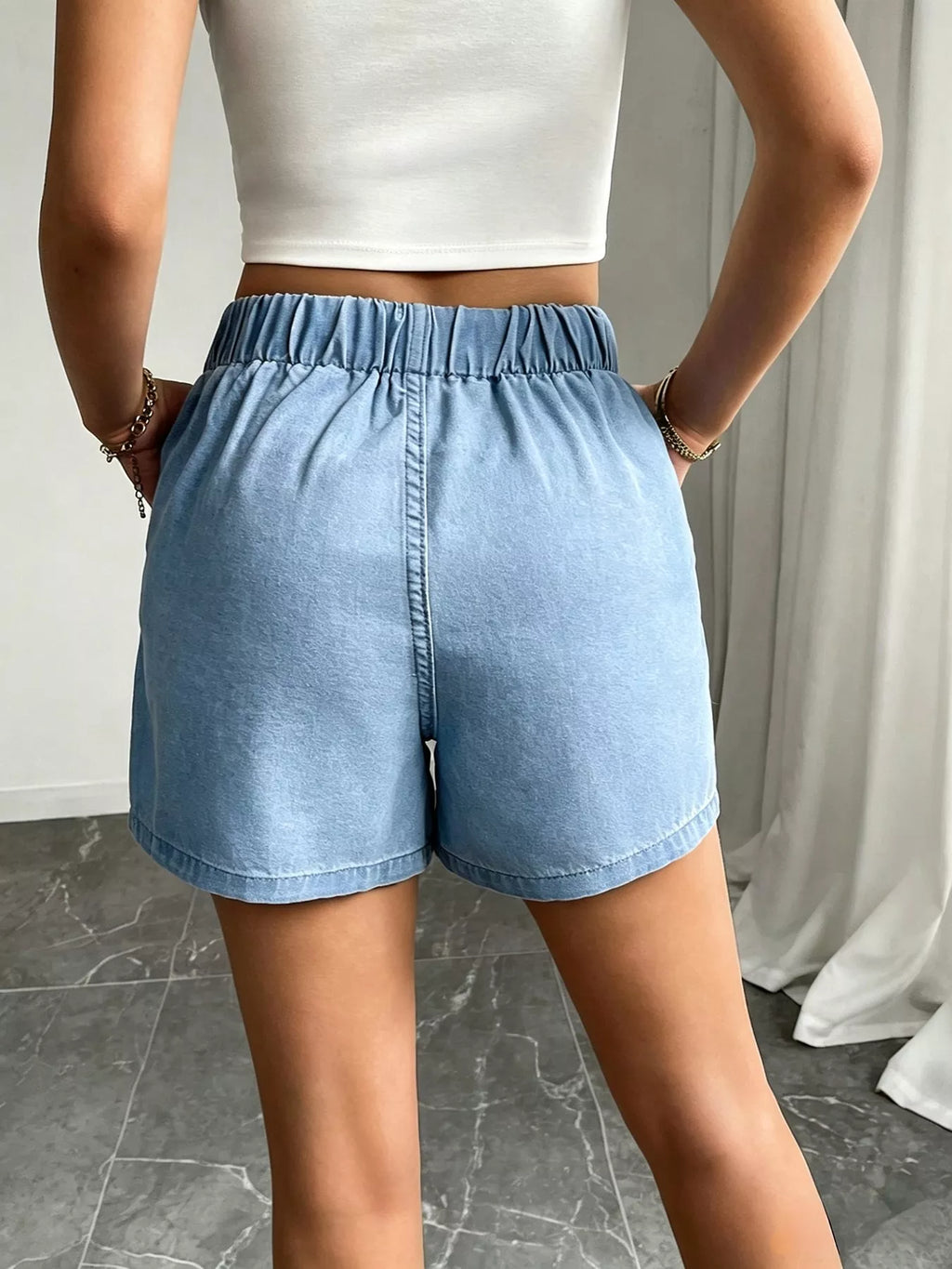 Drawstring High Waist Denim Shorts