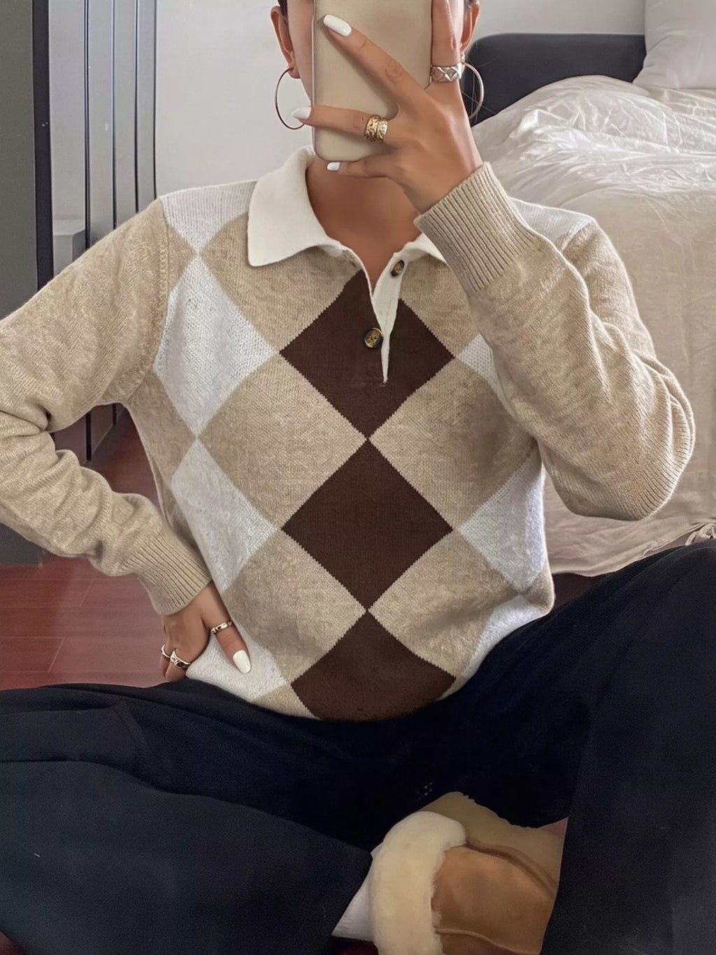 Argyle Patterned Polo Collar Sweater