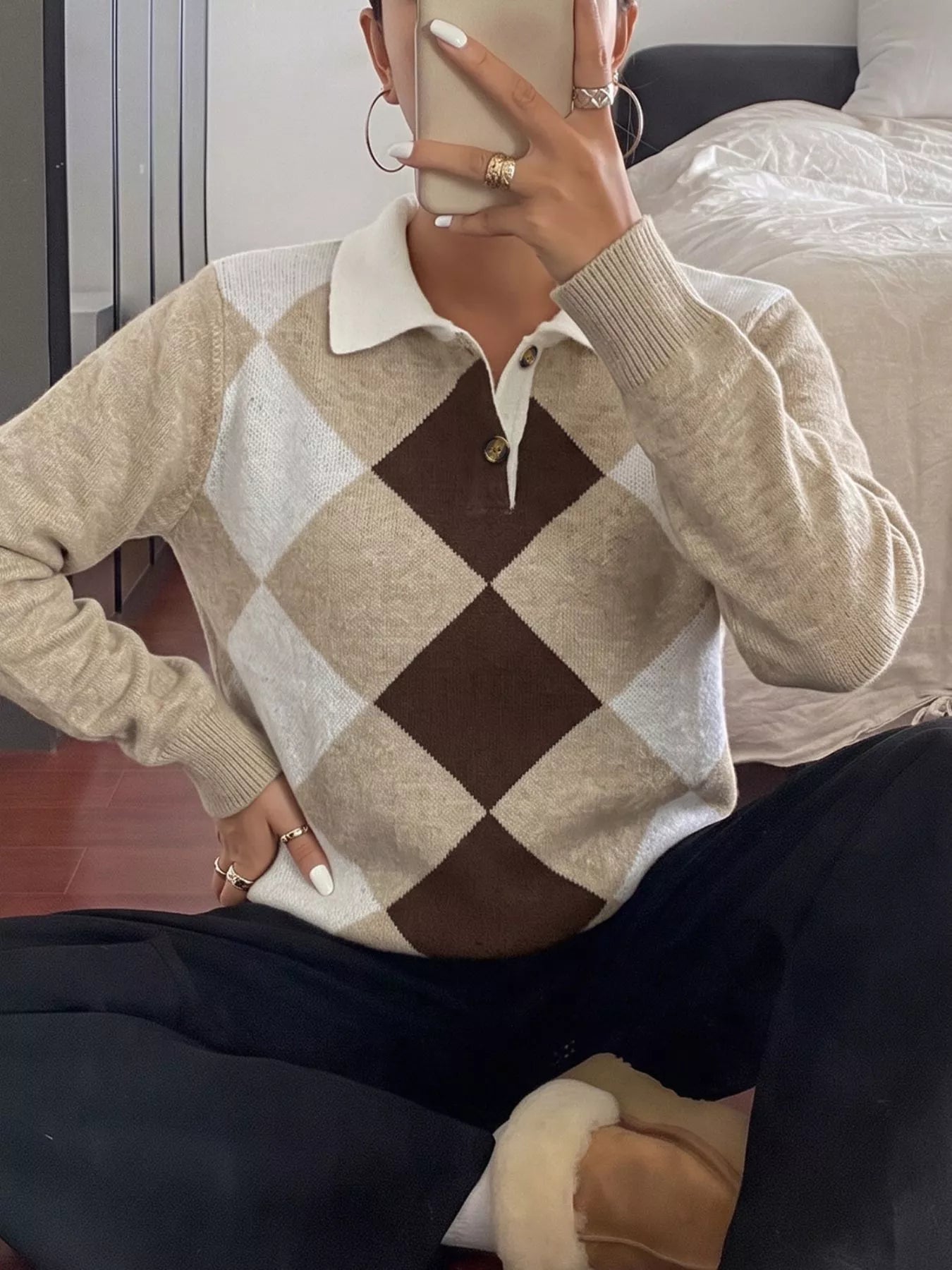 Argyle Patterned Polo Collar Sweater