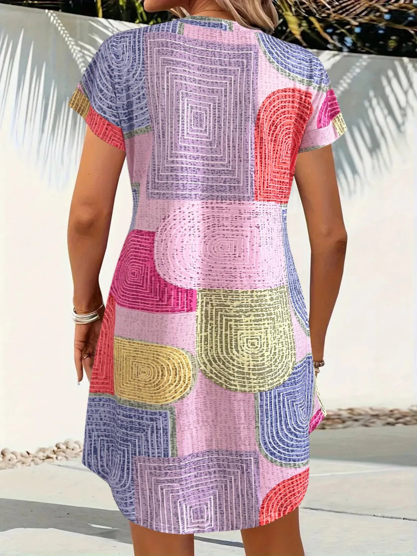 Geometric V-Neck Short Sleeve Button-Front Dress