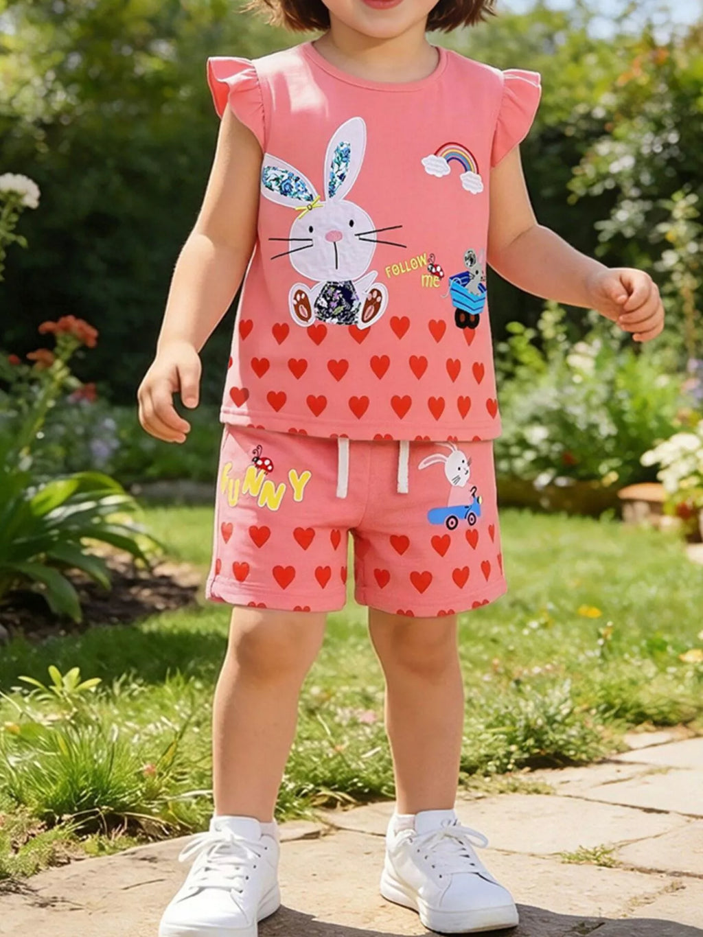 Children's Bunny Heart Print Top and Shorts Set