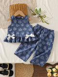 Children's Flower Round Neck Tank and Pants Set
