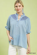 Umgee Textured Henley Blouse with Ruffle Cuffs