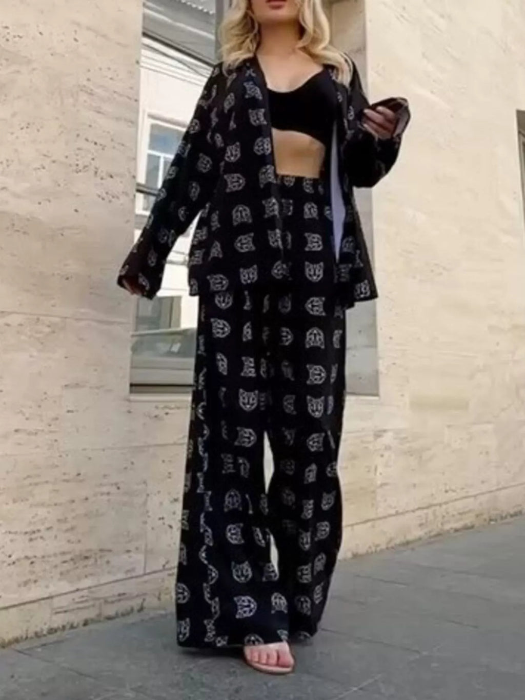 Open Front Cat Print Shirt and Pants Set