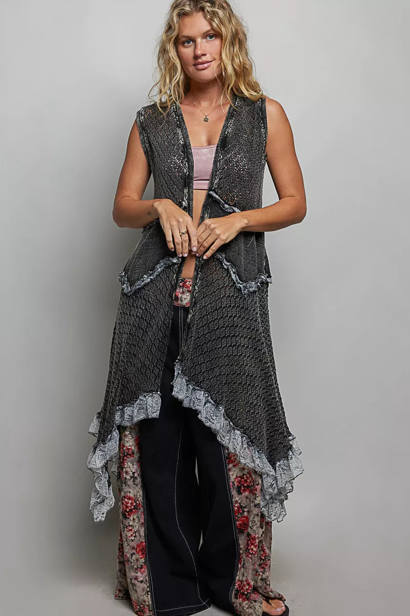 POL Vintage Wash Ruffled Crochet Vest Cardigan