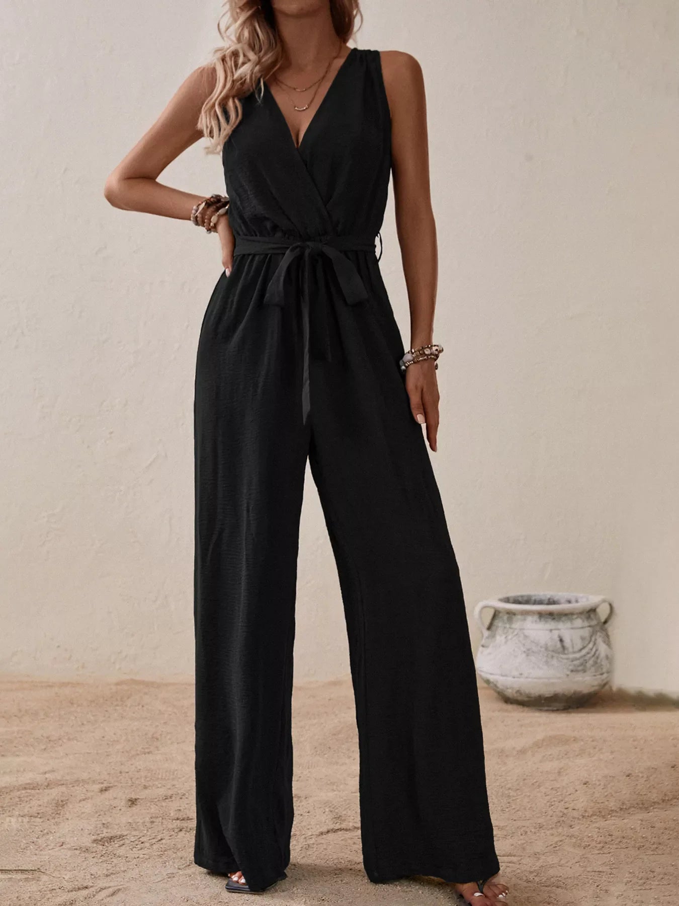Sleeveless Tie Waist Wide Leg Jumpsuit