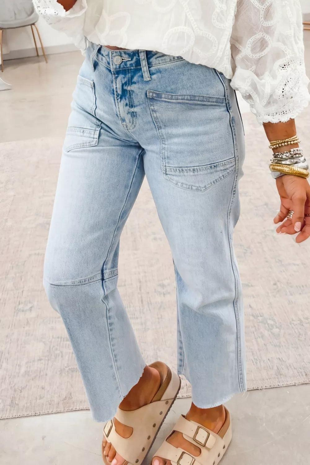Light Wash Utility Pocket Straight Leg Jeans