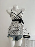 Polka Dot Ruffle Hem Cami with Lace Trim