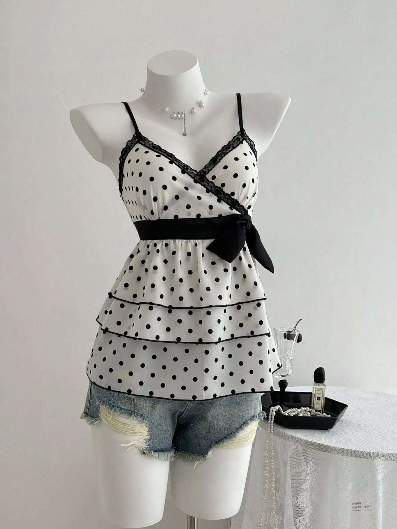 Polka Dot Ruffle Hem Cami with Lace Trim