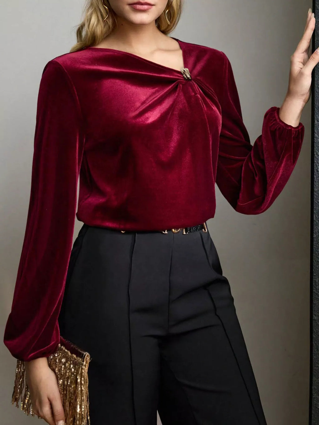 Velvet Twist-Front Long Sleeve Blouse