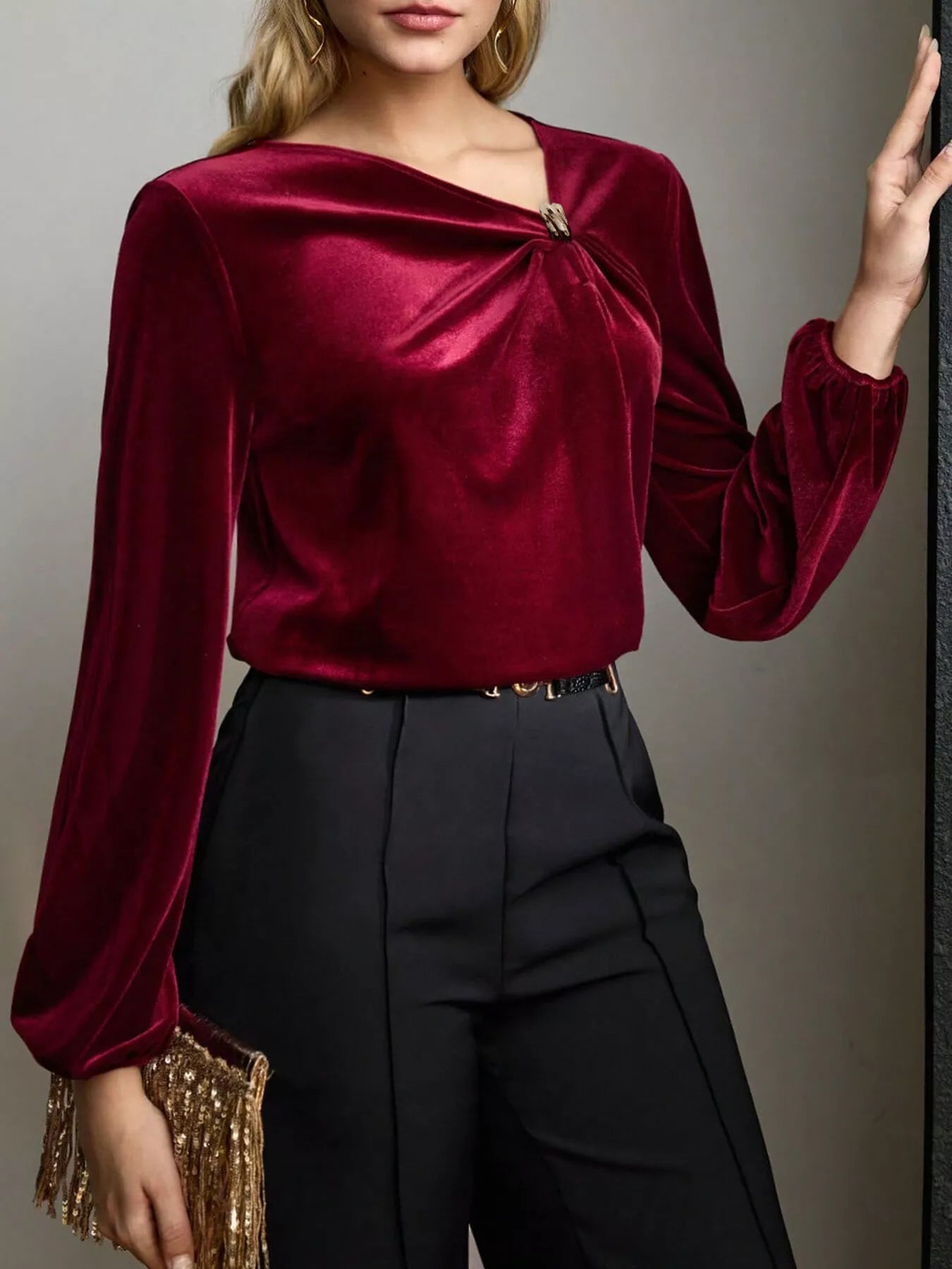 Velvet Twist-Front Long Sleeve Blouse