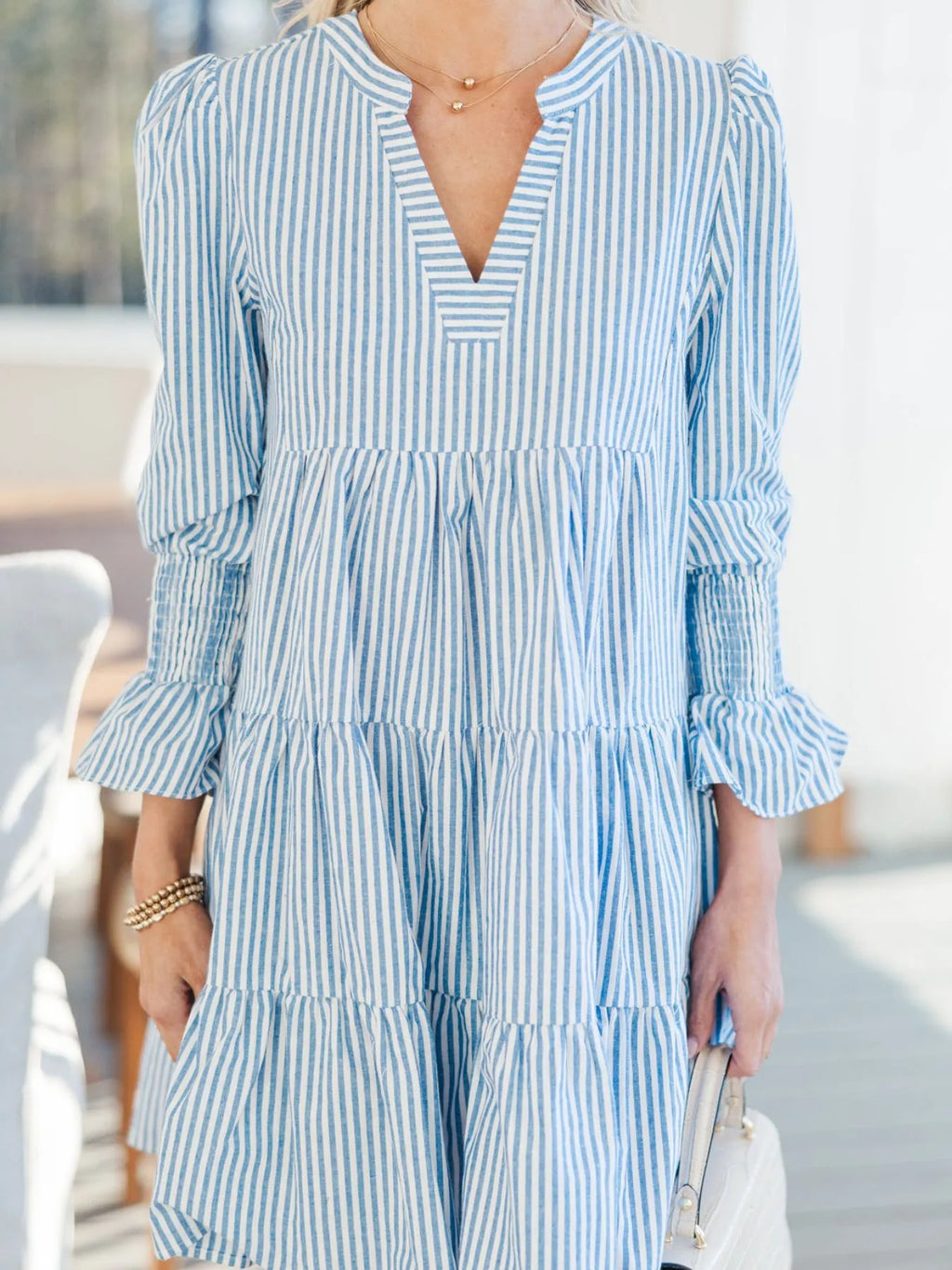 Striped Tiered Flounce Sleeve Shirt Dress