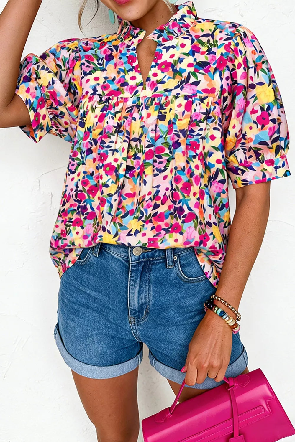 Flower Print Frilled Collar Short Puff Sleeve Summer Blouse