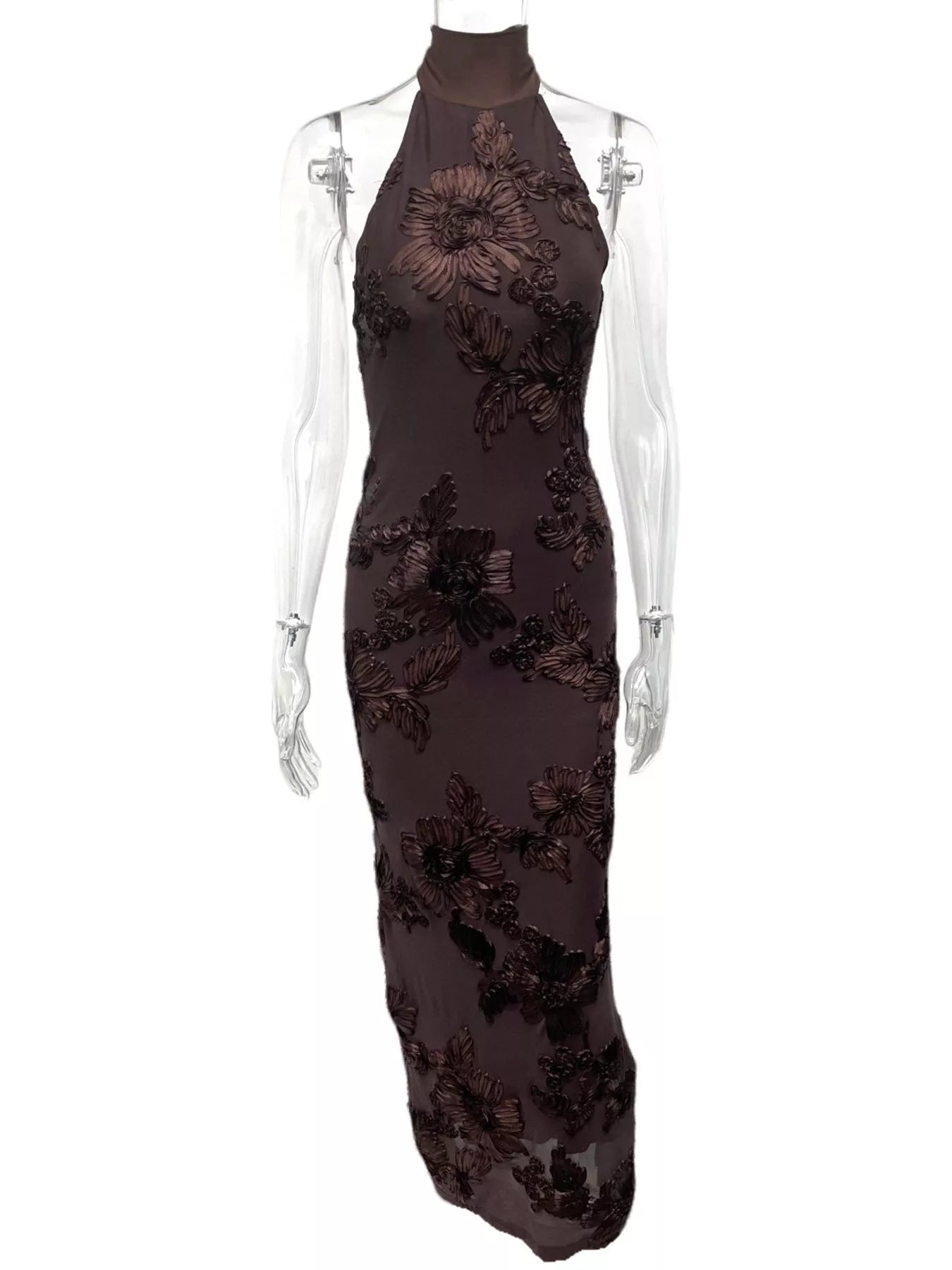Floral Applique Halter Neck Maxi Dress