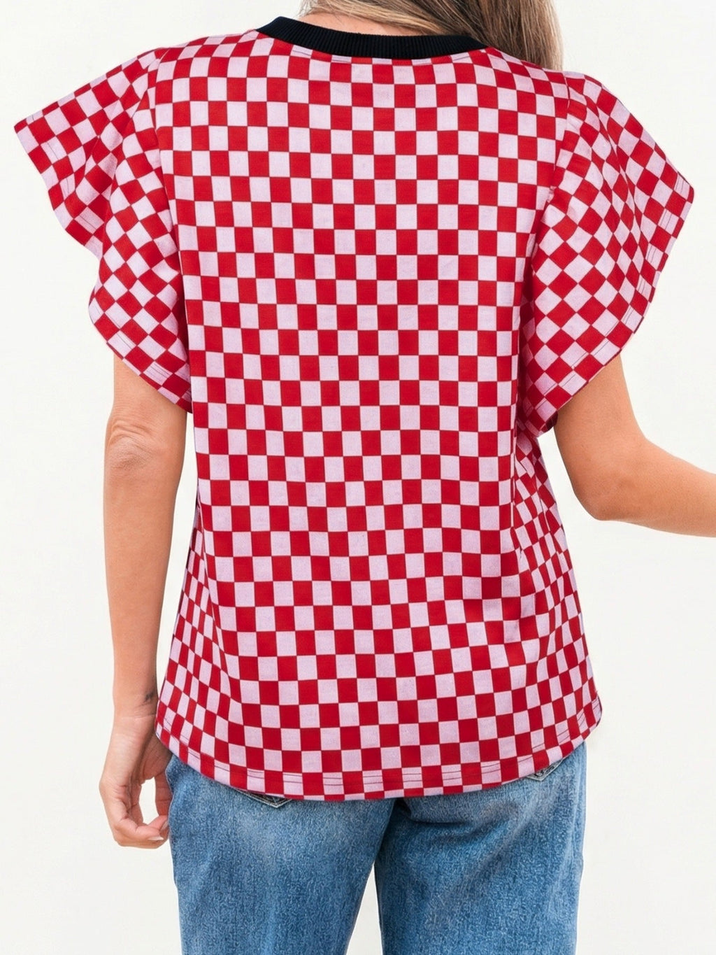 Checkered Print Ruffle Cap Sleeve Contrast Trim Round Neck Top