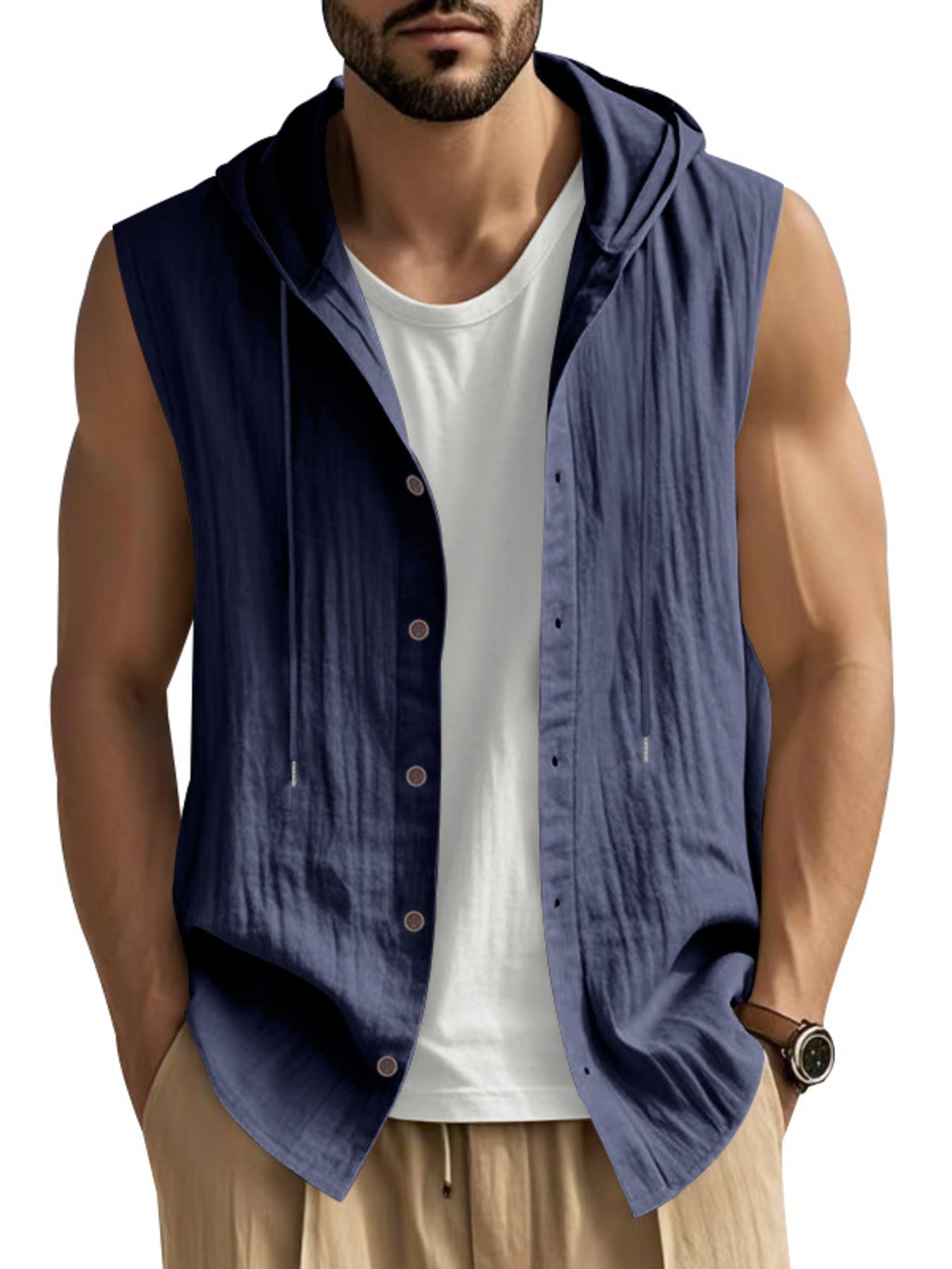 Men's Full Size Casual Sleeveless Hooded Button-Down Top Plus Size