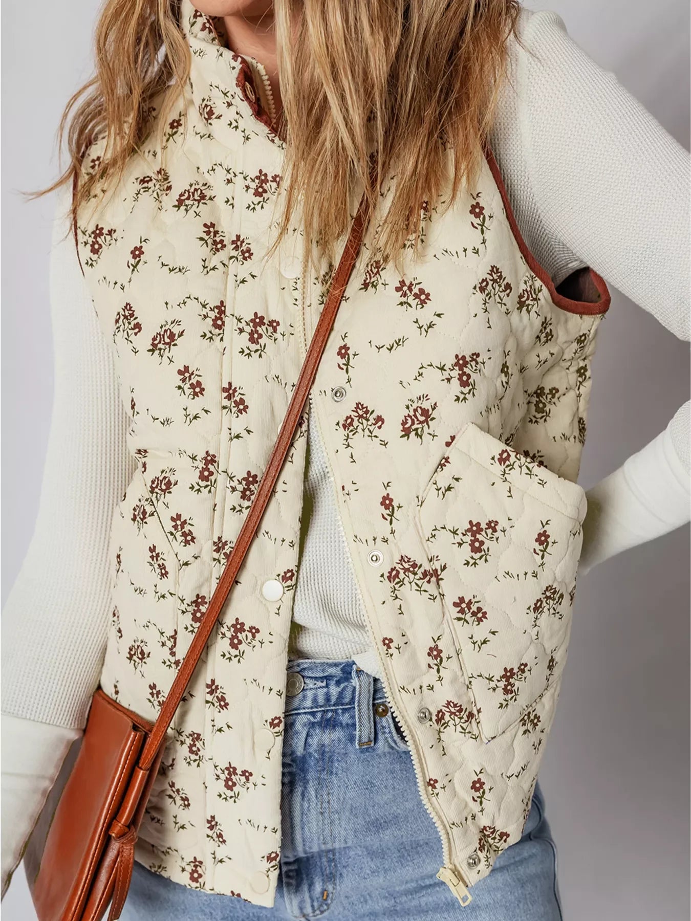 Floral Print Zip Up Quilted Vest