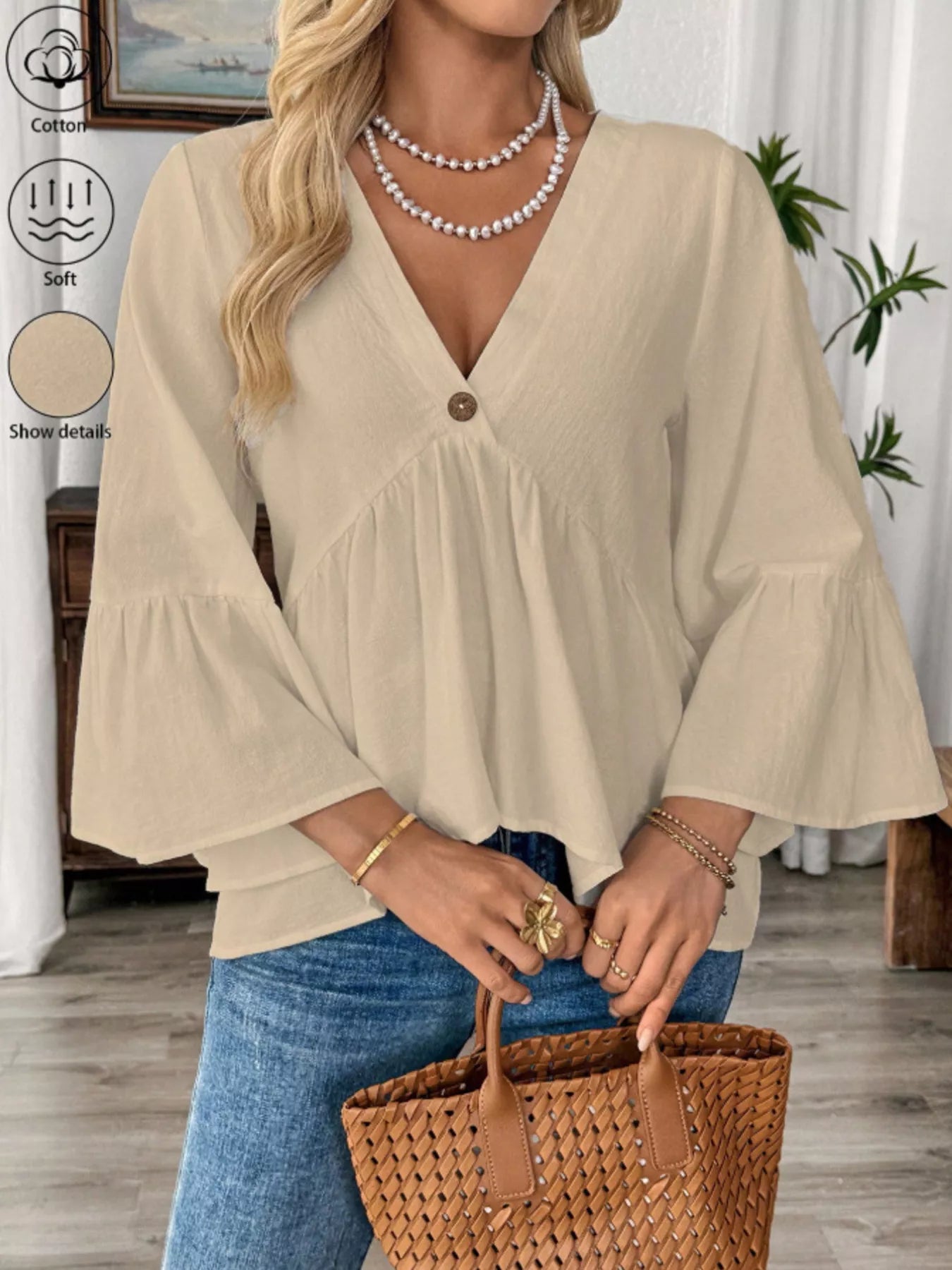 V-Neck Bell Sleeve Blouse
