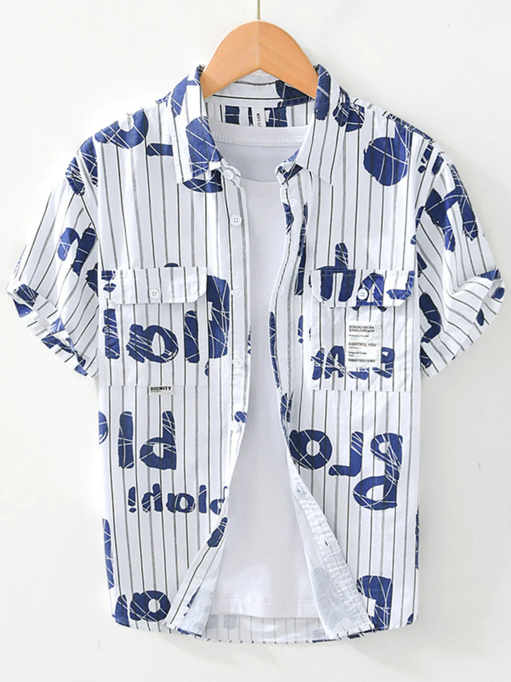 Men's Plus Size Letter Print Striped Short Sleeve Casual Shirt