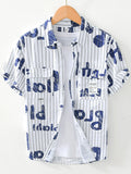 Men's Plus Size Letter Print Striped Short Sleeve Casual Shirt