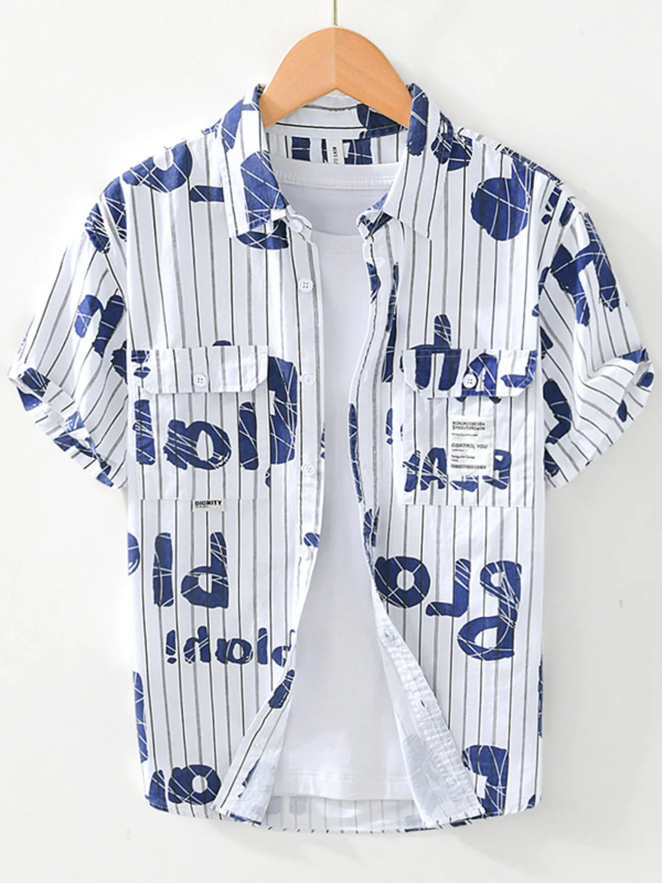 Men's Plus Size Letter Print Striped Short Sleeve Casual Shirt