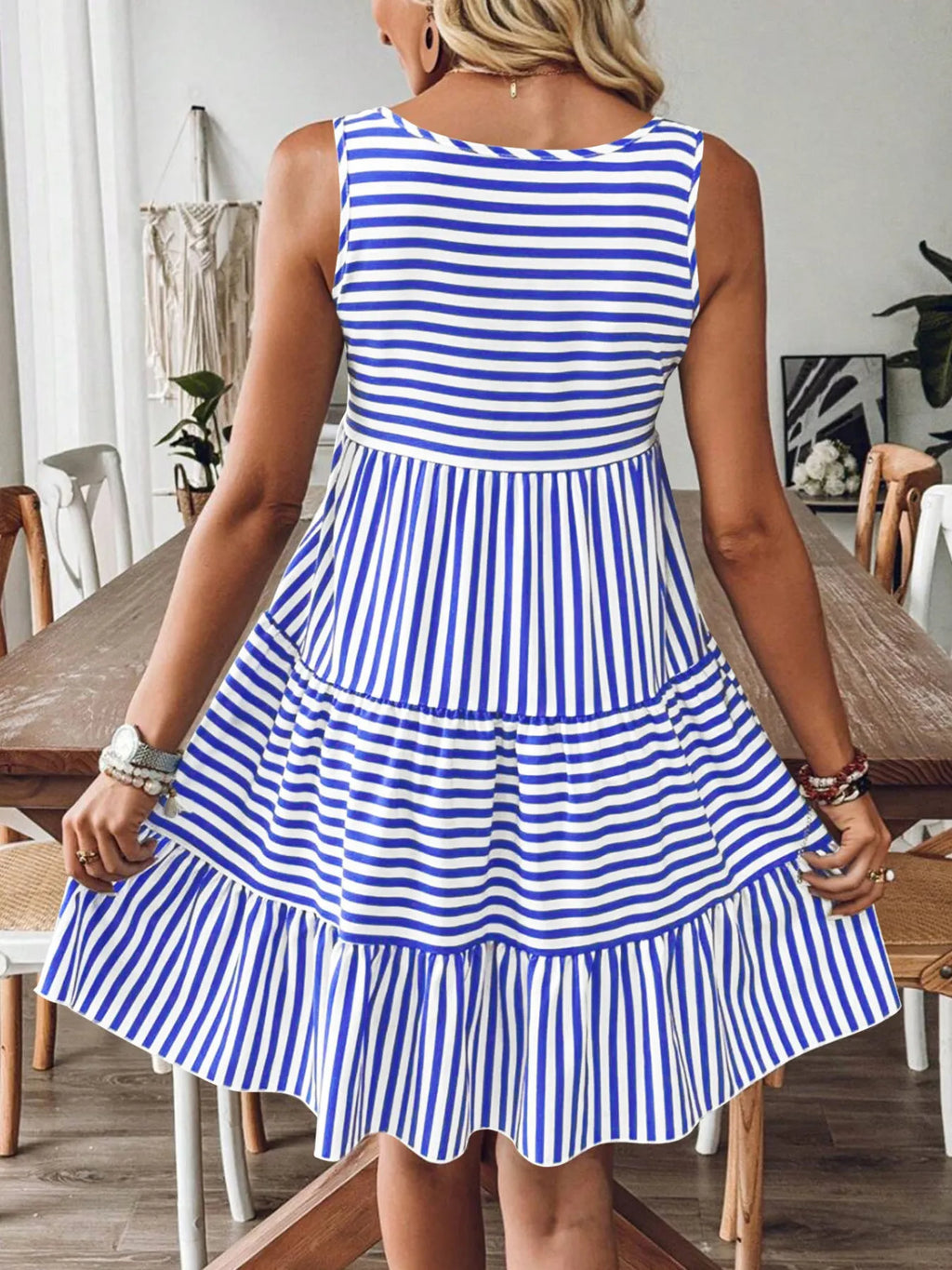 Casual Striped Tiered Ruffle Tank Dress