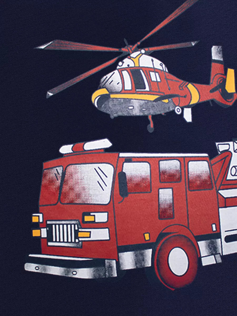 Children's Fire Truck and Helicopter Print T-Shirt