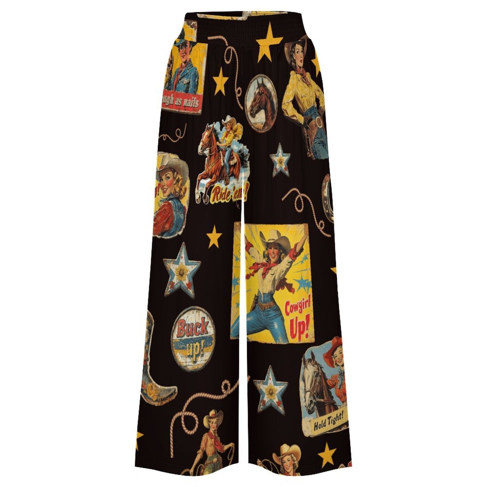 Baha Ranch Vintage Cowgirl Collage High Waisted Wide Leg Pants Inclusive Sizing