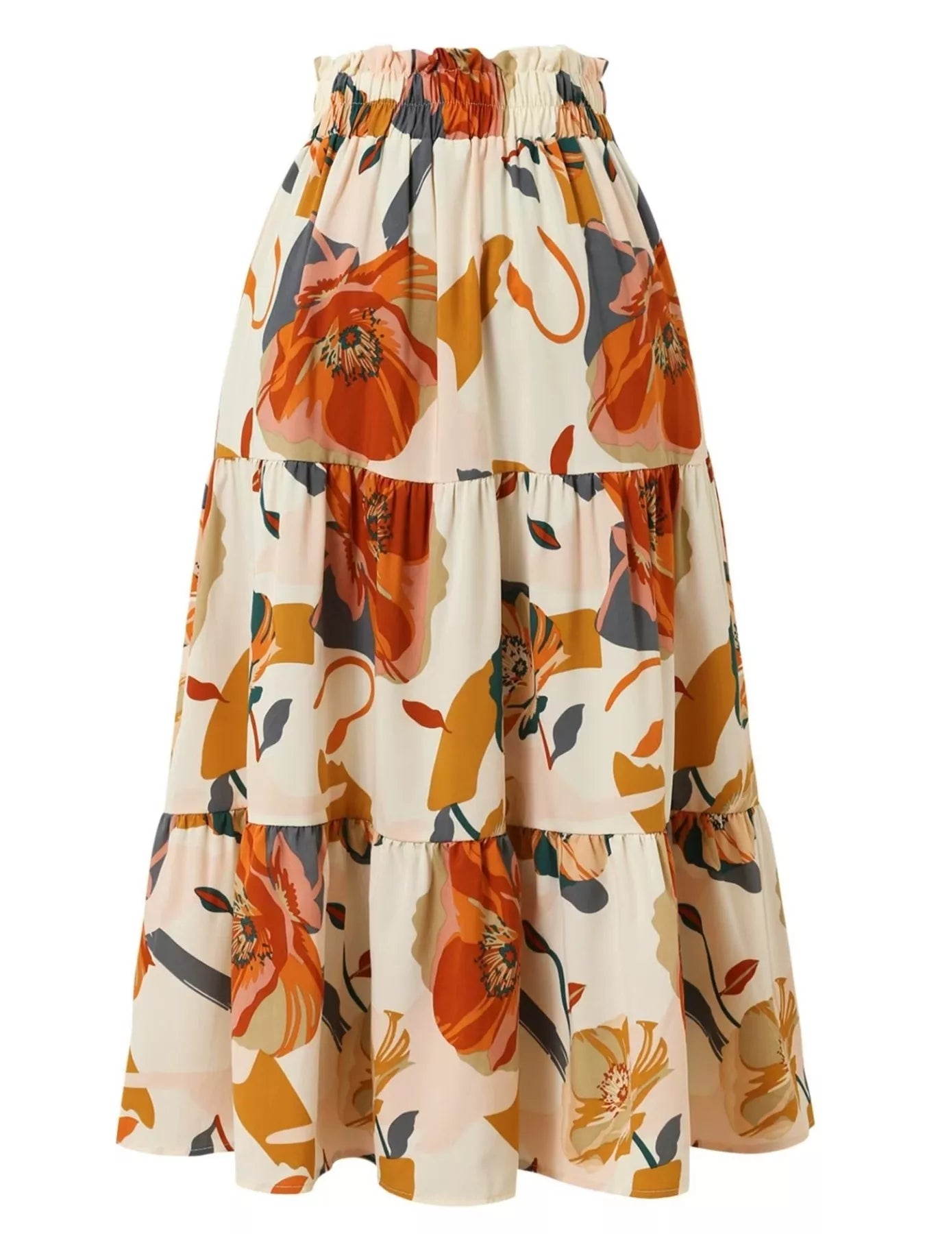 Full Size Floral Print Tiered Ruffle Midi Skirt Plus Size