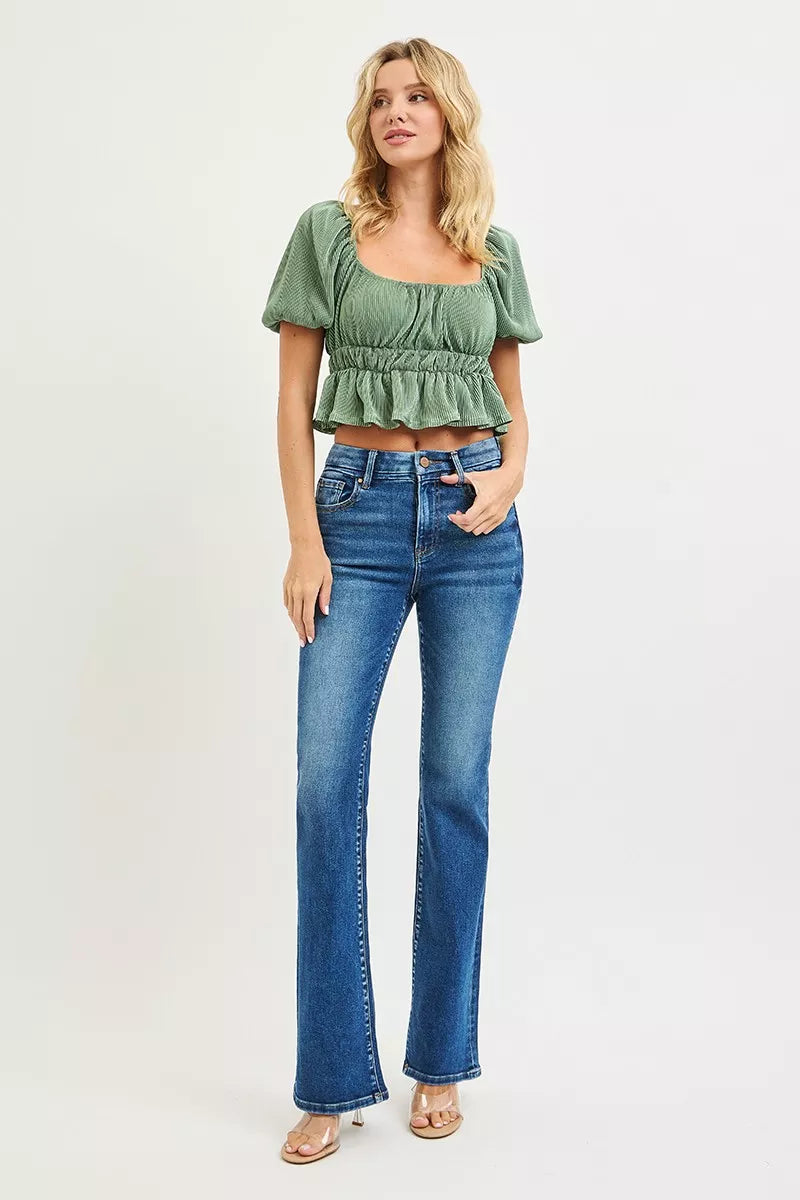 RISEN High Rise  Bootcut Jeans With Distressed Details