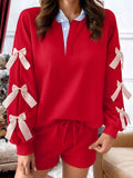 Striped Collar Patchwork Satin Bow Sweatshirt and Shorts Set
