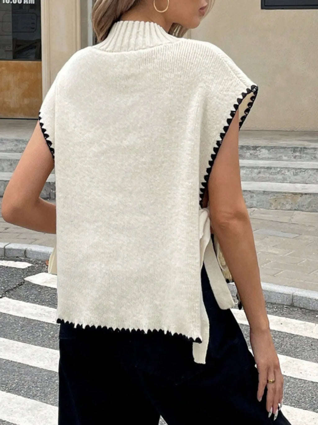 Ribbed Turtleneck Sweater Vest with Contrast Trim