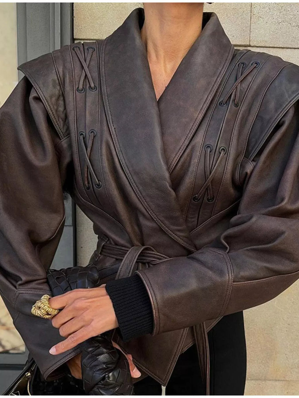 Vintage Style Tie Waist Leather Jacket