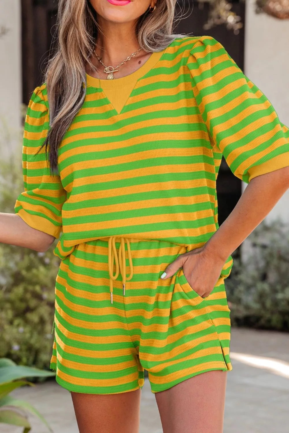 Striped Puff Sleeve Top and Drawstring Shorts Set