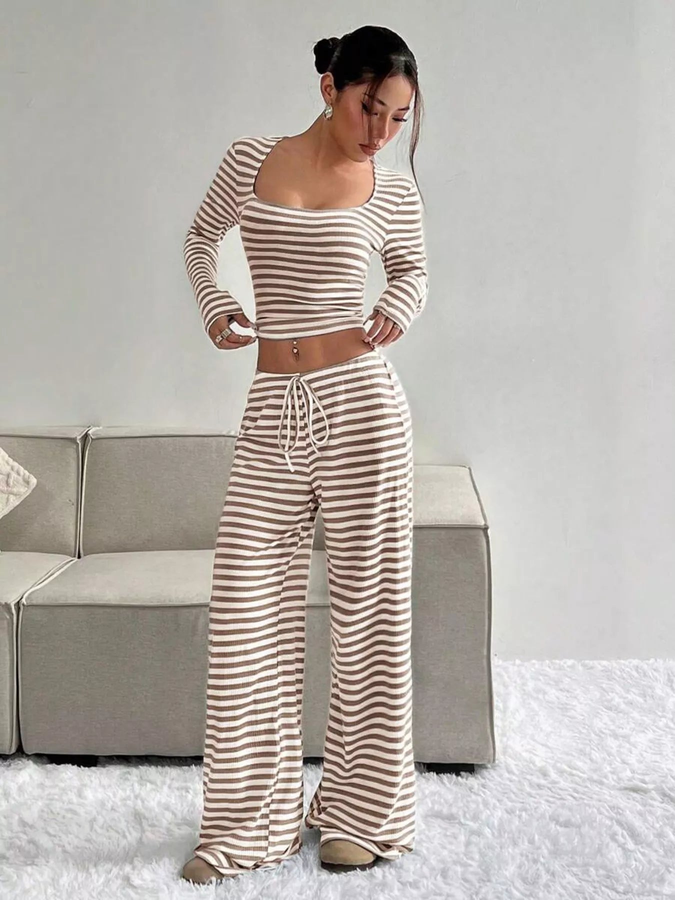 Striped Long Sleeve Crop Top and Wide Leg Pants Set