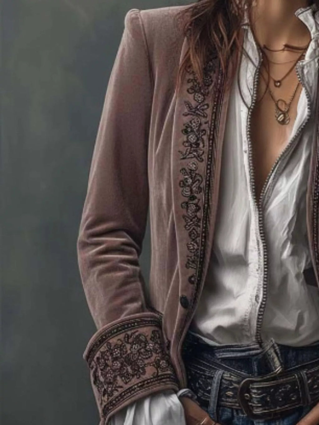 Embroidered Velvet Long Sleeve Outerwear