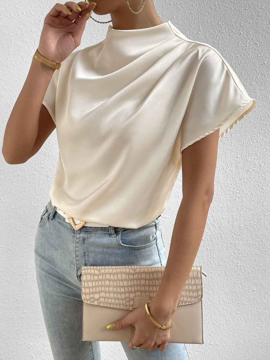 Mock Neck Short Sleeve Blouse