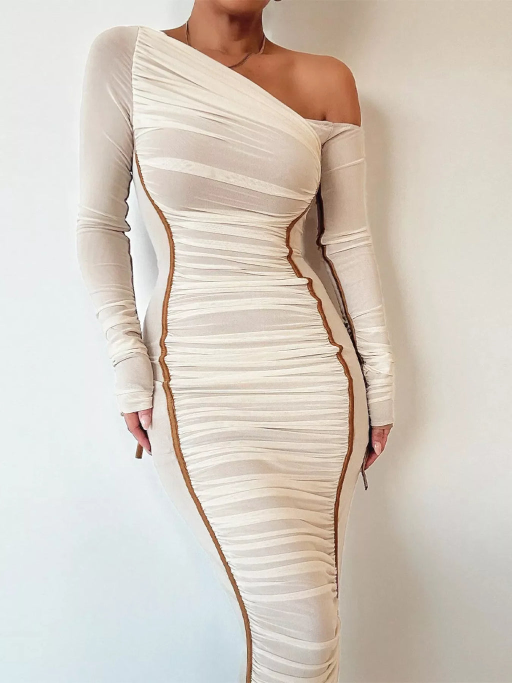 One-Shoulder Ruched Bodycon Midi Dress