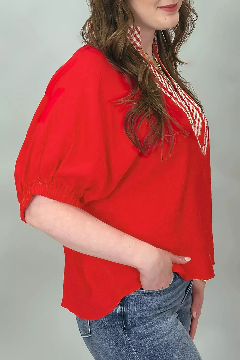 V Neck Plaid Collar Short Sleeve Tunic Blouse