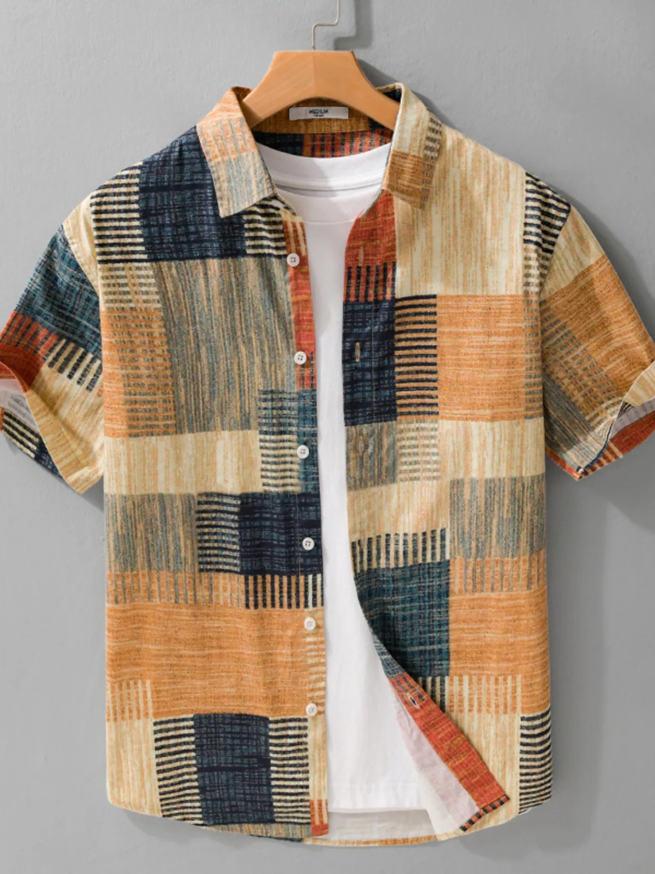 Men's Plus Size Patchwork Print Short Sleeve Shirt