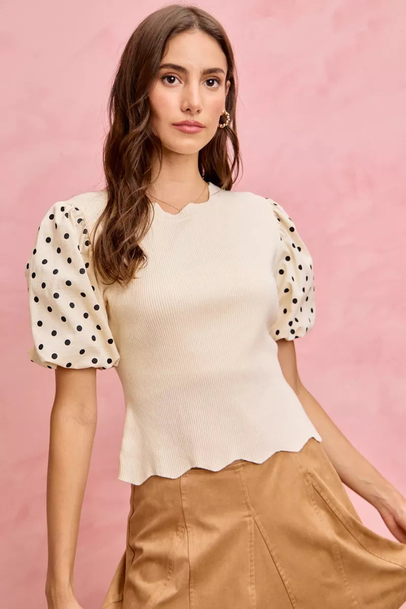 SO ME Polka Dot Contrast Woven Ballon Sleeve Blouse