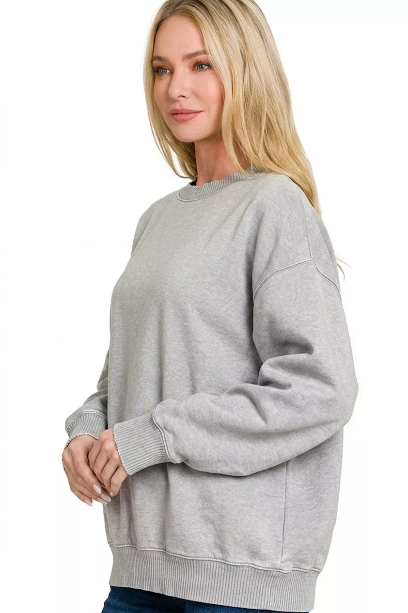 Zenana Fleece Acid Enzyme Washed Round Neck Sweatshirts