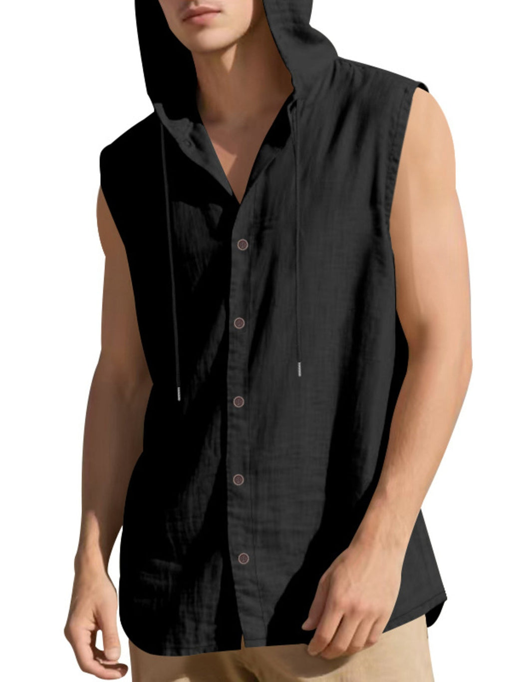 Men's Full Size Casual Sleeveless Hooded Button-Down Top Plus Size