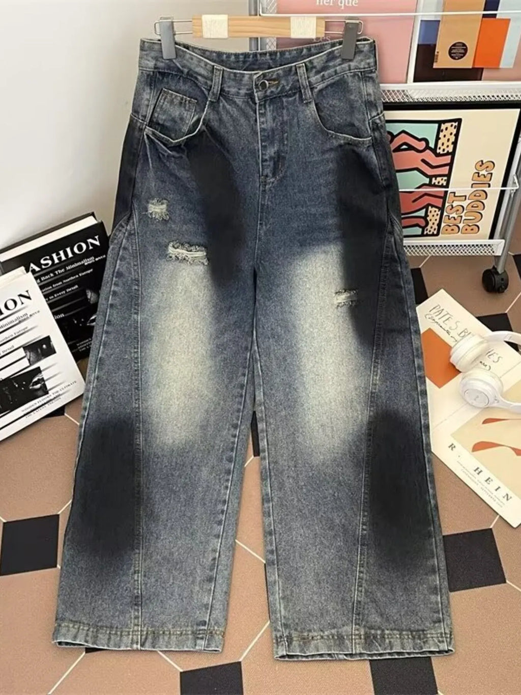 Men's Plus Size Wide Leg Distressed Jeans