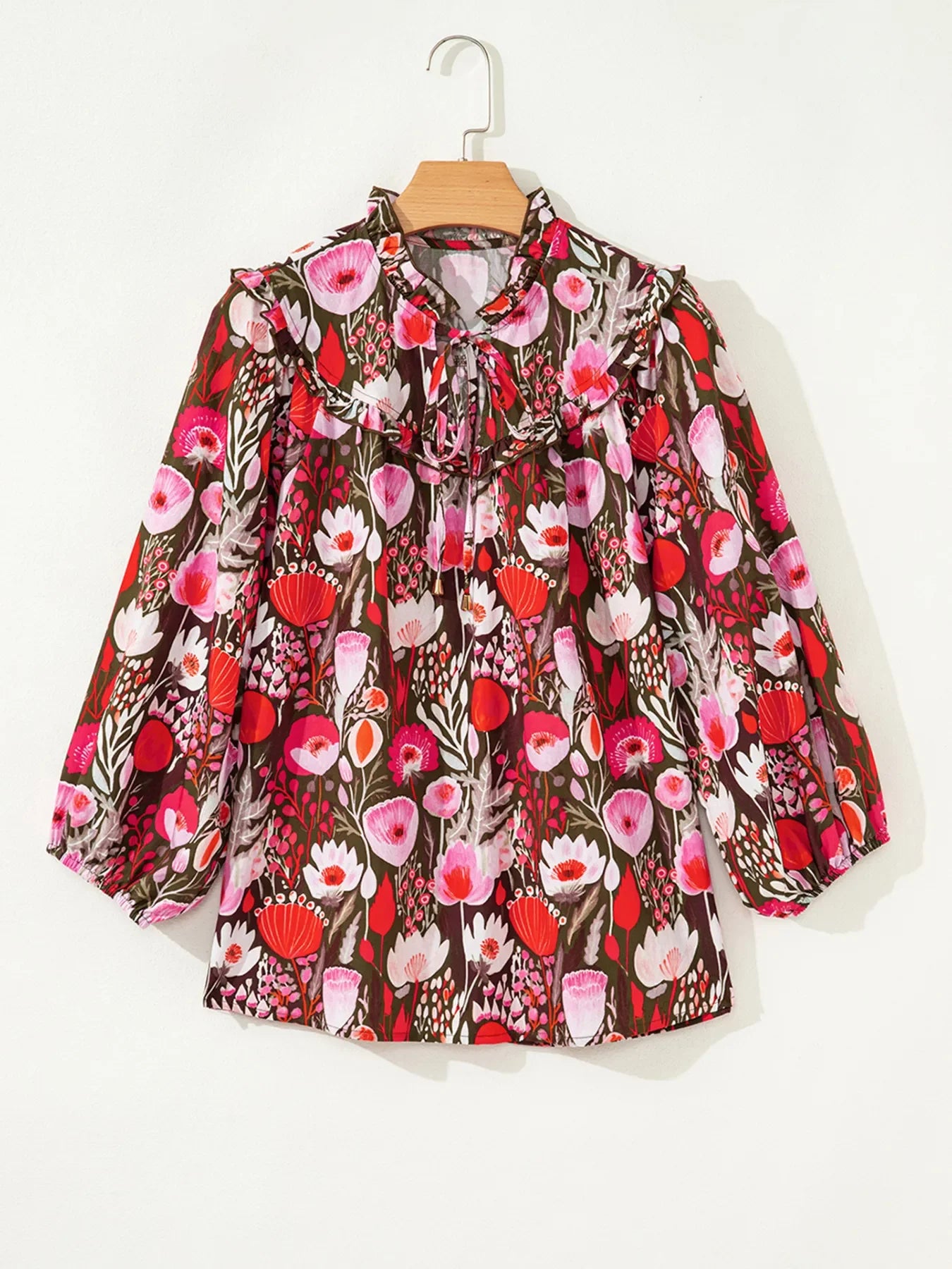 Floral Balloon Sleeve Tie Neck Blouse