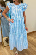 Knot Back Ruffled Short Sleeve Gingham Maxi Dress