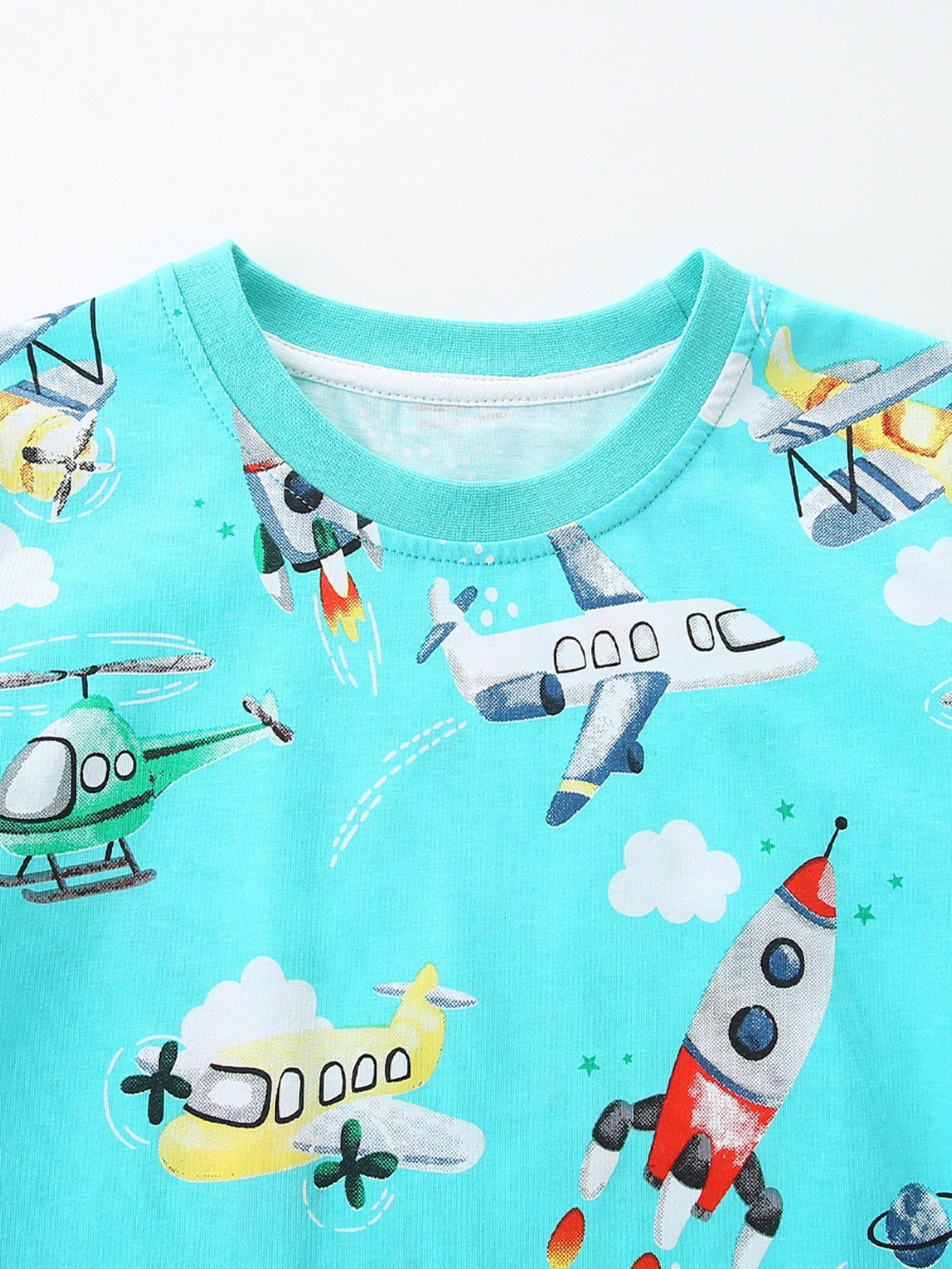 Children's Airplane & Rocket Print Crew Neck Short Sleeve T-Shirt
