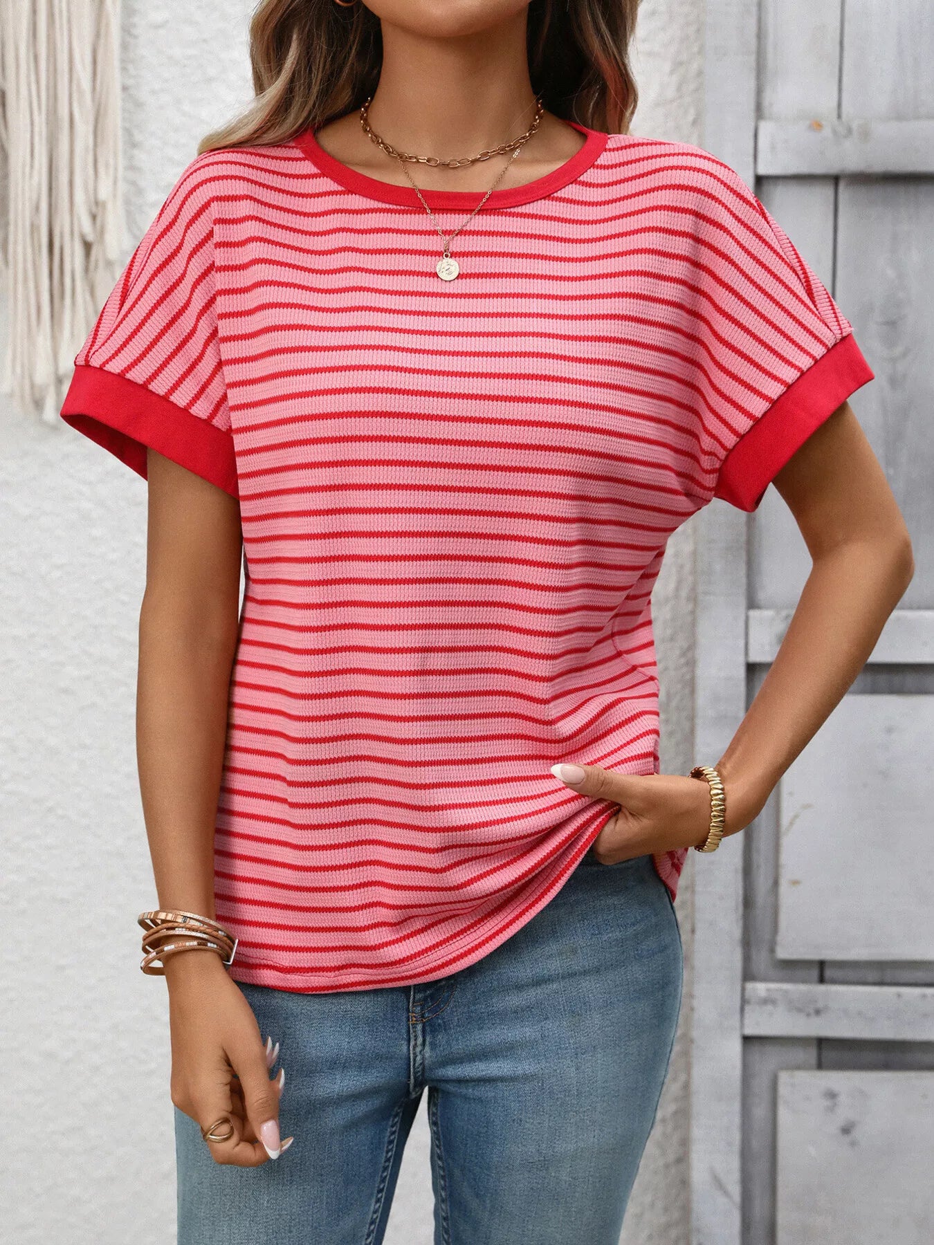 Striped Ribbed Knit Short Sleeve T-Shirt