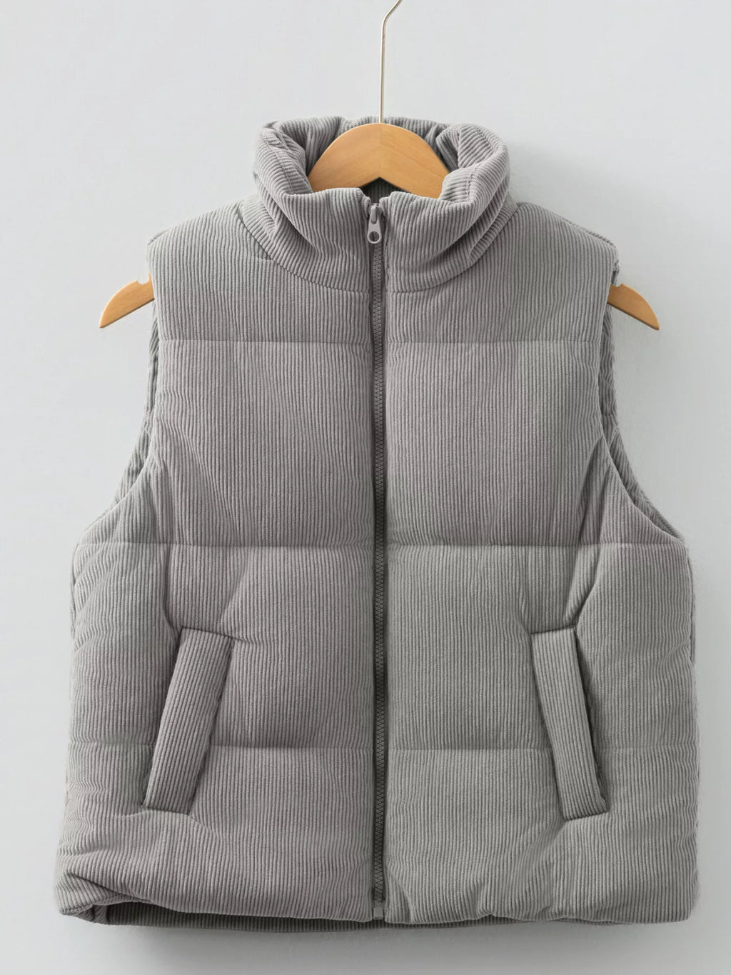 Corduroy Stand Neck Zipped Puffer Vest