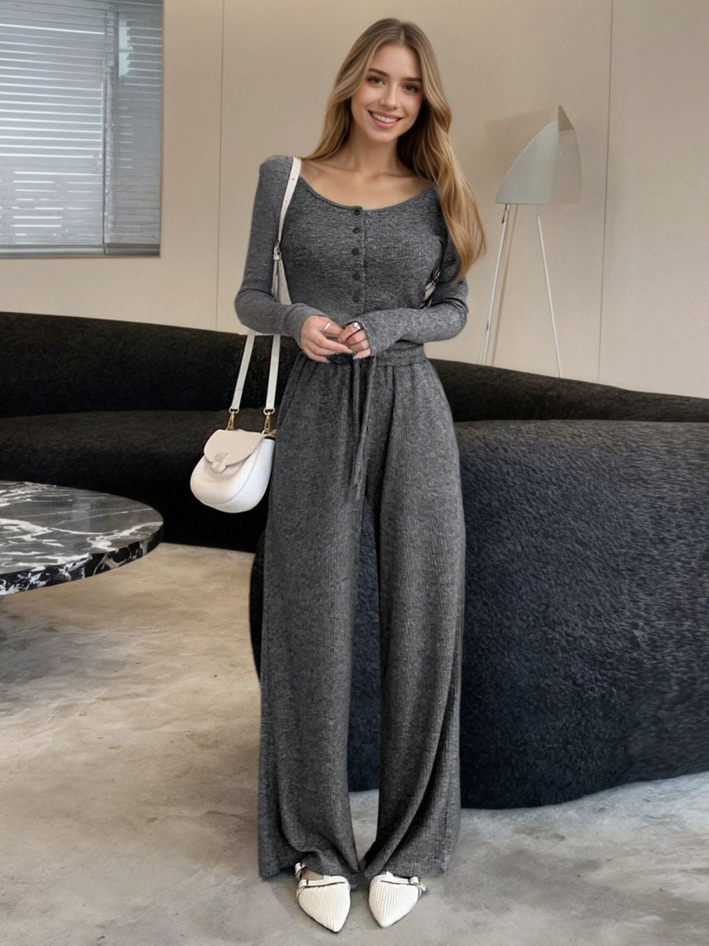Casual Knit Long Sleeve Top and Wide Leg Pants Set